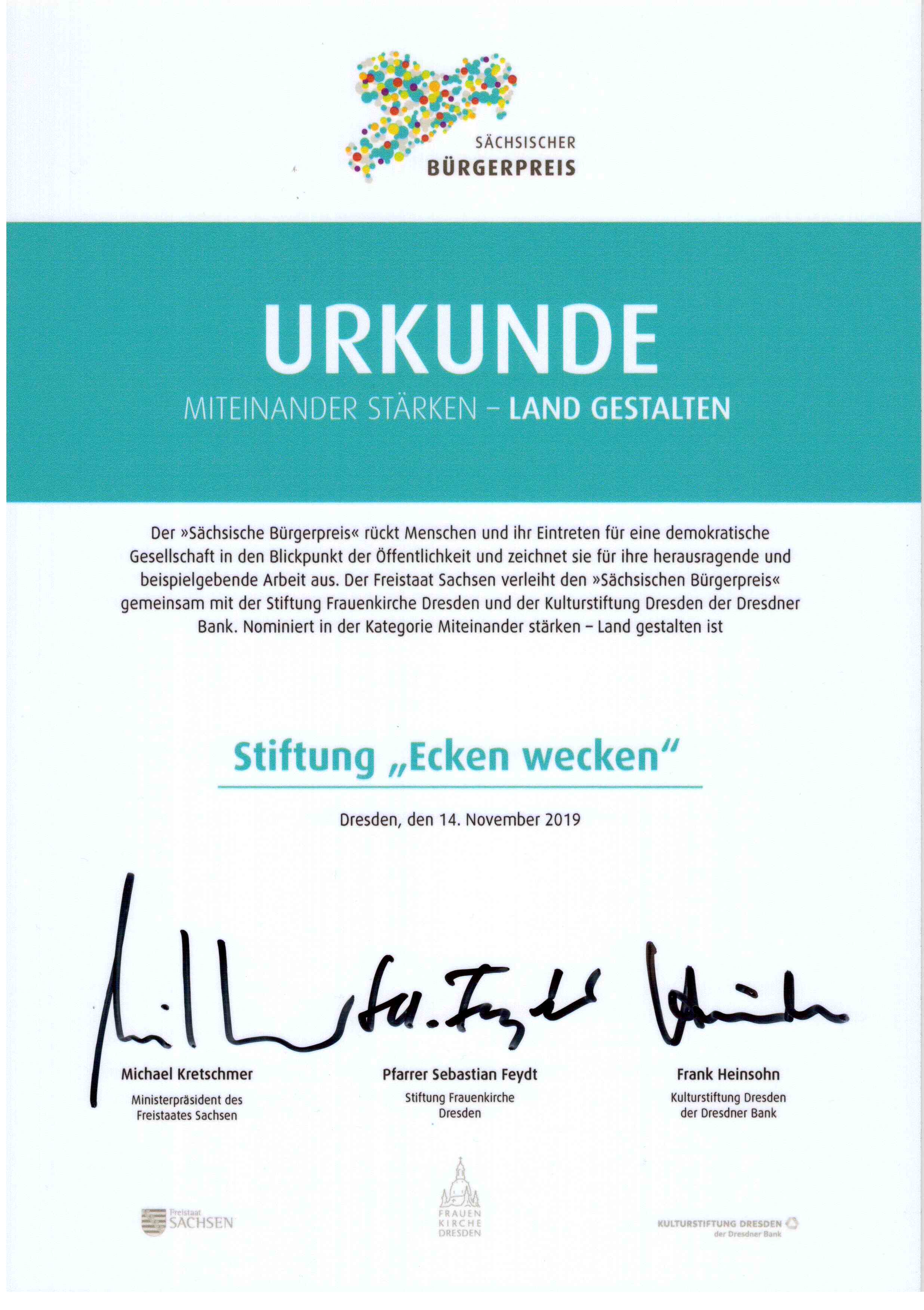 Urkunde - Miteinander stärken - Land gestalten