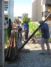 Transport Schienen, Kran, Schwellen, Zwischenlager
